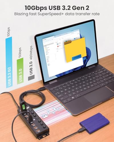 USBGear 7 Port USB 3.2 Hub – 10Gbps 48W Charging Hub with Individual On/Off USB Ports for Laptop, PC, Desktop, 12V/4A Power Adapter with Type-A to Type-B Cable (3ft), Computer Accessories - style: 7 Port Hub w/Power Switches