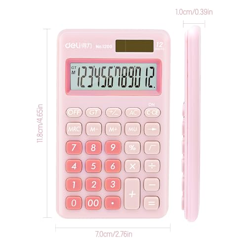 Deli Standard Function Basic Calculator, 12 Digit Desktop Calculator with Large LCD Display, Solar Battery Dual Power Office Calculators, Pink - color: Pink