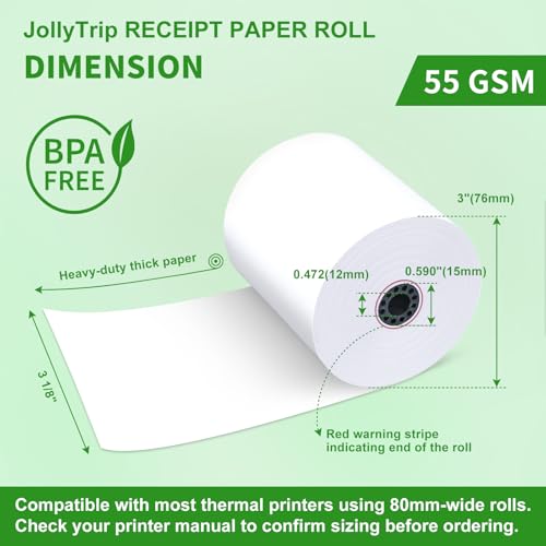 (50 Pack)3 1/8 x 230 Thermal Paper Receipt Rolls,JollyTrip 55 GSM Premium Quality, BPA Free Thermal Receipt Paper 3 1/8 x 230 Rolls Compatible with Most POS Systems, Cash Registers - size: 3 1/8 in x 230 ft 50 rolls