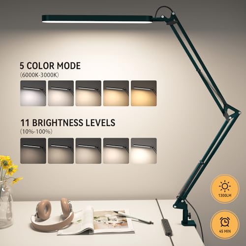 SKYLEO Desk Lamp - LED Desk Light - 5 Color Modes X 11 Brightness Levels - Adjustable Swing Arm - Timmer & Memory Function - 12W Lamp for Desk - Green - style: Green swing arm
