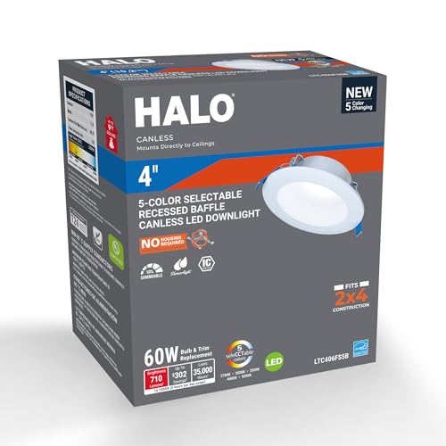 HALO LT 4 inch Baffle Canless LED Recessed Light 5CCT 650 lm | Low glare, IC rated, airtight, wet rated for soffit /shower light, 2700K-5000K, New Construction / Remodel, Dims to 10% - size: 4 inch, style: 5CCT New Version