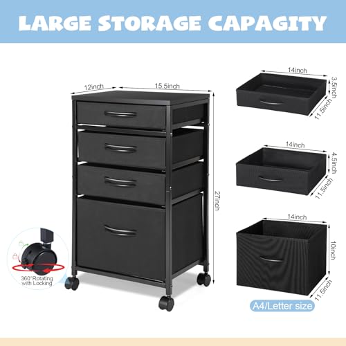 Chunful 4 Drawer Rolling File Cabinet Mobile Printer Stand Metal Cart with Fabric Vertical Filing Chest Wheels A4 Letter Size Under Desk Utility Craft Storage Organizer for Home Office School(Black) - color: Black