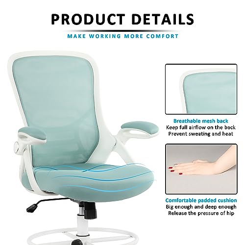 HYLONE Drafting Chair Tiffany Blue, Tall Office Chair Standing Desk Stool with Adjustable Height, Foot Ring, Flip-Up Arms, Mesh High-Back Office Chair, White - color: Blue
