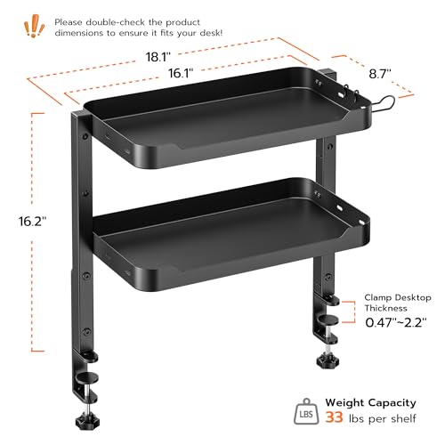 ARES WING 2-Tier 16 inch Clamp On Desk Shelf, Above or Under Desk Storage | Adjustable Desktop Organizer Shlef Holds 66 lbs Heavy Duty, with Headphone Holder for Working and Gaming Accessories, Black - color: Black, size: Dual Shelf