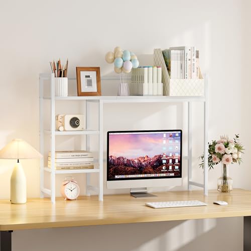 Snughome Desk Shelf, 38.6" Desktop Organizer Shelf, Desk Hutch for Computer Monitor, 4 Tier Desk Display Rack, Wood Desktop Bookshelf Storage Rack for Home Office Dorm, White - color: White, size: 38.6"