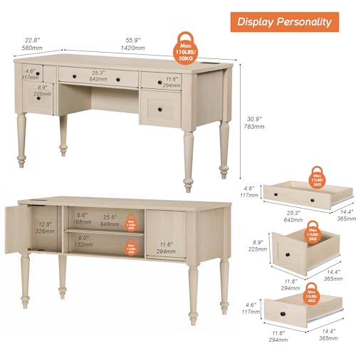 WAMPAT Wood Executive Desk with 5 Drawers & Charging Station, Beige, 56" - color: Beige