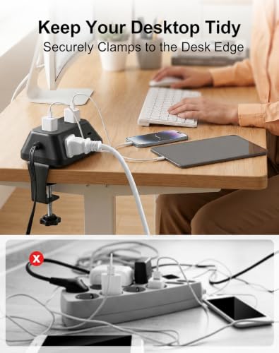 Desk Clamp Power Strip, 6 AC, 2 USB-C & 2 USB-A, 1440J, 6FT Cord - size: 6FT-Black