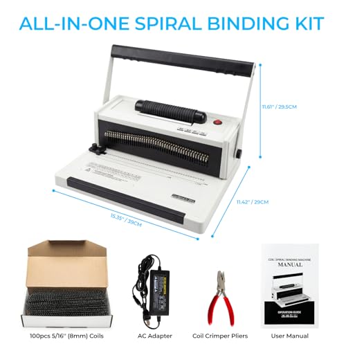 Spiral Binding Machine with Electric Coil Inserter, 20-Sheet Punch | 4:1 Pitch, 46 Fully Disengageable Pins, Binds up to 500 Sheets, 100 Coils, Crimping Pliers, Letter A4 A5 Legal