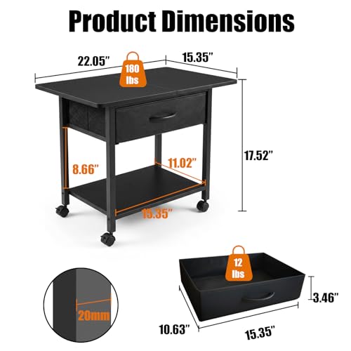 22" x 15" Under Desk Rolling Printer Stand, 2-Tier Industrial Mobile Printer Table with Strong Fabric Drawer, Storage Shelf, Steel Frame and Lockable Wheels, Printer Cart for Home Office (Black) - color: Black