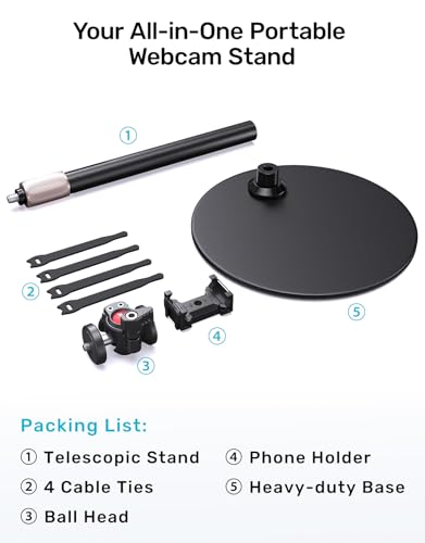 Webcam Stand for Desk, 360° Ballhead, Height Adjustable Tripod, 1/4 Thread | Stable Metal Base, With Phone Holder, Fits Logitech C922/C930e/C920/C920x/C615/C960/BRIO 4K, NexiGo N60, GoPro, Easy Setup - size: 9.2–15.5"H (7.09" dia base)