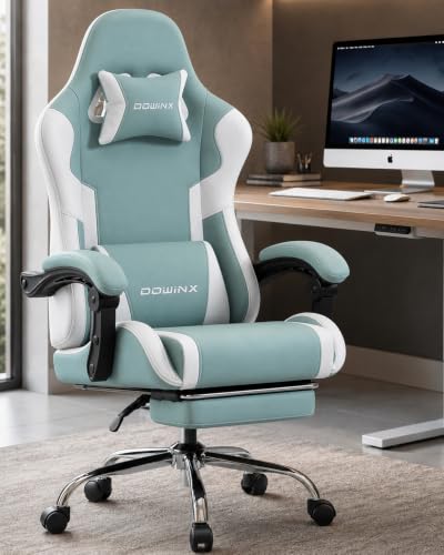 Dowinx Ergonomic Gaming Chair with Footrest & Massage Lumbar, 2D-Linkage Armrests for Computer Chair 330lbs with Headrest Pillow for Office, Home, Streaming and Long Gaming Sessions, Fabric Blue White - color: Blue White