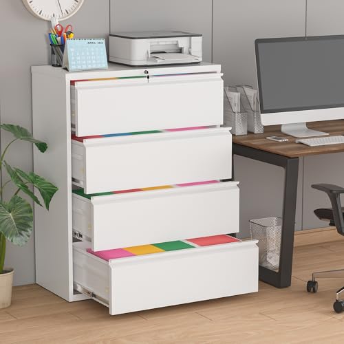 Pataku 4 Drawer File Cabinet with Lock, Metal Lateral File Cabinets for Home Office, Locking Filling Cabinets for Hanging Files Letter/Legal/F4/A4 Size(4Drawer/White) - color: White, size: 4 drawer