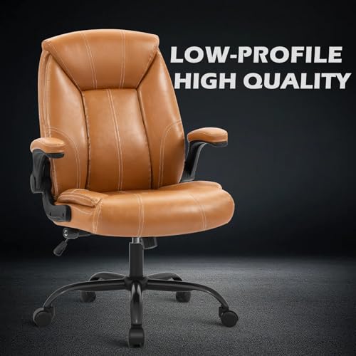 Executive Office Chair,Big and Tall Ergonomic Desk Chair with Adjustable Lumbar Support,Breathable PU Leather Computer Chair wih Flip-up Arms and Wheels, Camel - color: Camel-