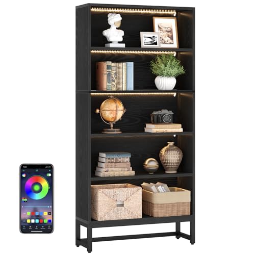 Tribesigns Tall Bookcase Black Bookshelf, 70.8” Large Bookcases Organizer with LED Lights, Heavy Duty Free-Standing Library Bookshelf with 5-Tier Storage Shelves for Living Room, Bedroom (Black) - color: Black