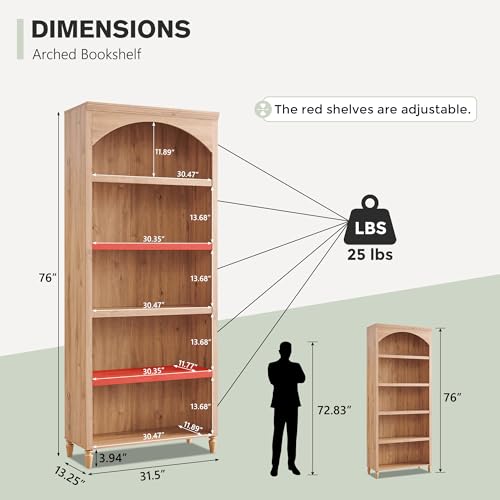 IFGET 76" Tall Arched Bookcase, Farmhouse Large Arched Bookshelf, Natural | 5 Tiers Arch Cabinet w/Adjustable Shelves, Modern Wooden Book Shelf w/Storage & Open Display Shelves for Living Room, Office - color: Natural, size: Large