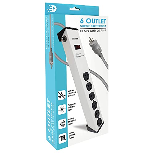 Digital Energy 20 Amp 6-20/T- Slot Plug | 6-Ft Cord - 900 Joule Surge Protector | 6-Outlet, Heavy Duty Steel Body Power Strip - size: 6 FT