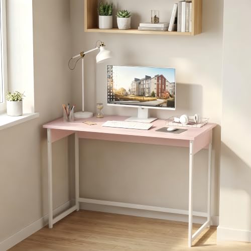 ALISENED Home Office Desk, Sturdy and Stable Computer Desk, 43.3 Inch Computer Desk, Office Desk with Metal Frame, Study Table for Home Bedroom, Pink - color: Pink, size: W-43.3in