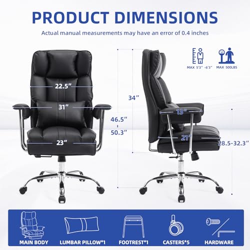 Big and Tall Office Chair with Footrest,400 lbs Heavy Duty Executive Chair | PU Leather High Back Wide Desk Chair,135° Reclining,Pocket Spring Back Support and Matching Lumbar Pillow - color: Black