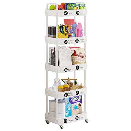 5 Tier Rolling Cart with Wheels, Utility Storage Carts,White - color: White, size: 5-Tier