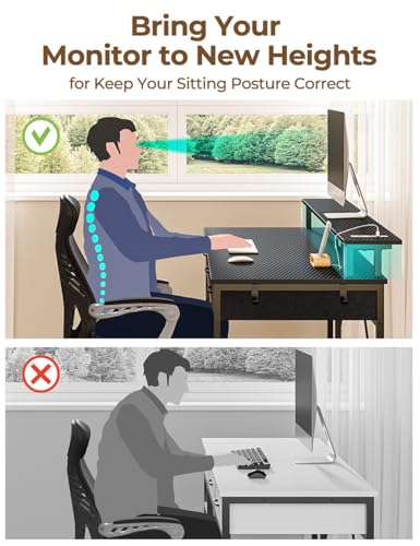 Rolanstar Computer Desk with Power Outlets & LED Light, 39 inch Home Office Desk with 3 Drawers and Storage Shelves, Writing Desk with Monitor Stand, Modern Work Desk for Home Office, Carbon Black