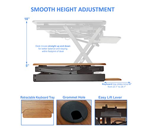 Rocelco 32" Height Adjustable Standing Desk Converter - Sit Stand Computer Workstation Riser - Dual Monitor Retractable Keyboard Tray Gas Spring Assist - Teak Wood Grain (R EADRT) - color: Teak/Black, size: 32", style: Riser Only