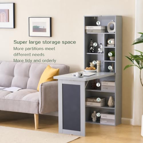 Wall Mount Foldable Writing Desk for Bedroom & Home Office (Grey) | Wall Desk, Wall Mount Foldable Desk with Bookshelf & Chalkboard, Space Saving Fold Down Floating Workstation - color: Grey