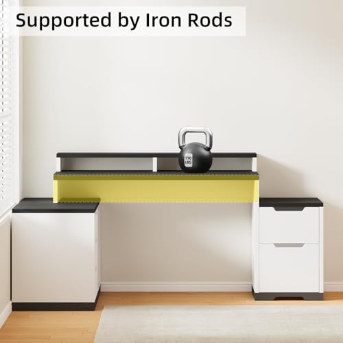 MaverickFurni L Shaped Desk with Drawers and Shelves, Home Office Desk with File Drawer for Work Writing Study, Corner Desk with Monitor Stand and Printer Shelf, White and Black