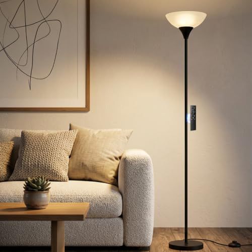 LALISU Floor Lamp, Standing Lamps with Glass Shade, Led Floor Lamp Remote | Modern Floor Lamps, Tall Standing Lamps for Living Room Bedroom Office Dining Room (Black and Glass) - color: Black and Glass