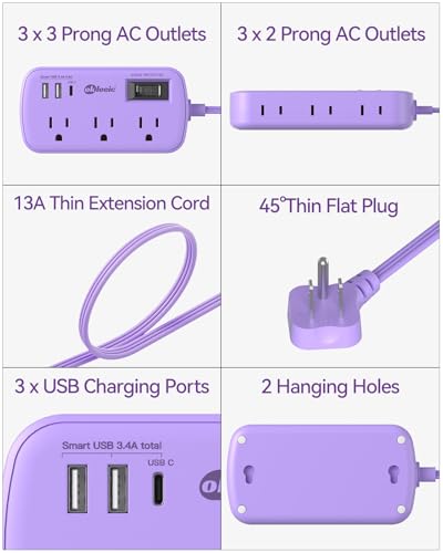 Purple Extension Cord with USB C - 5 FT Flat Power Strip - size: 5 FT, style: 6AC+2U1C-Purple-45°Plug