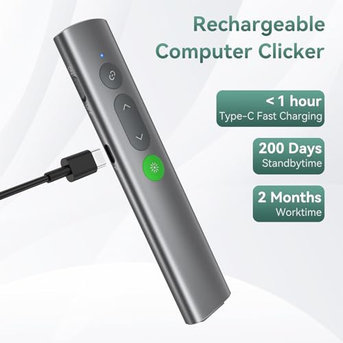 Wireless Presentation Clicker PowerPoint Remote: USB C A Presenter PPT Power Point Google Slide Advancer with Green Laser Pointer Smart Board Clicker for Computer Laptop Mac Projector Office Classroom - style: Metal & Green Laser
