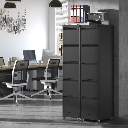 IKIMI 5 Drawer Mobile File Cabinet with Lock,Black Metal Filing Cabinets - color: Black, size: 5 Drawers with Wheels