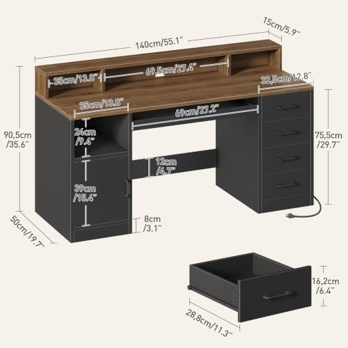 RALGEND 55" Office Desk with Drawers, Farmhouse Executive Desk with Drawers - color: Black, Walnut