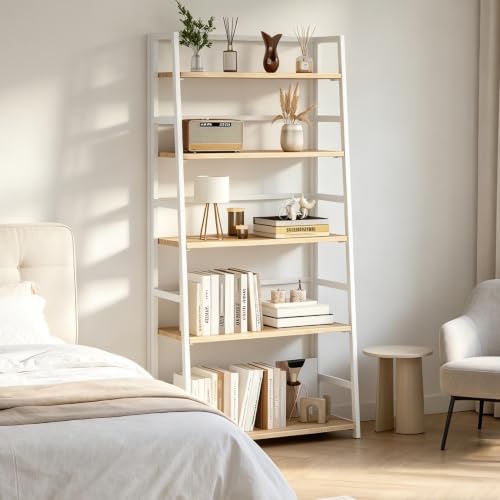 JSB 5 Tier Bookshelf, No Assembly Folding Ladder Bookshelf, 51.6in Tall Foldable Ladder Shelf, Bookcase for Home Office, Living Room,Space-Saving (Natural & White, 5 Tier) - color: Natural & White