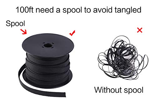Keco 100ft – 1/2 inch PET Expandable Braided Cable Sleeve – Wire Sleeving for Audio Video and Other Home Device Cable Automotive Wire - Black - size: 1/2"-100ft