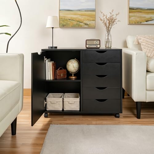 SweetGO 5 Drawer Wood File Cabinet with Wheels, Large Storage Printer Stand for Home Office, Rolling Cabinet Organizer with Reinforced Structure (Black) - color: Black