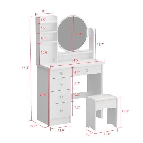 ECACAD Vanity Desk Set with Round Mirror, Makeup Dressing Table with 5 Drawers, Storage Shelves & Cushioned Stool for Bedroom, White - style: White-Without Light