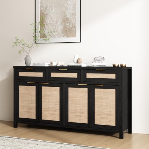 HOKYHOKY 63" Rattan Sideboard Buffet Cabinet, Boho Storage Cabinet - color: Rustic Black, size: 63-Inch