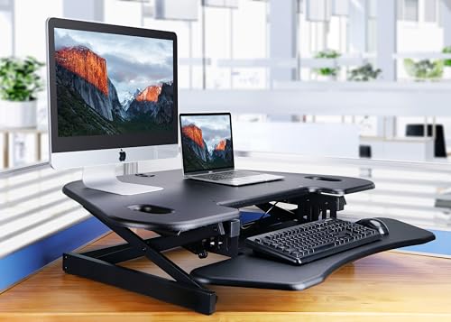Rocelco 46" Height Adjustable Corner Standing Desk Converter - Quick Sit Stand Up Dual Monitor Riser - Gas Spring Assist Tabletop Computer Workstation - Large Keyboard Tray - Black (R CADRB-46) - color: Black, style: Riser Only