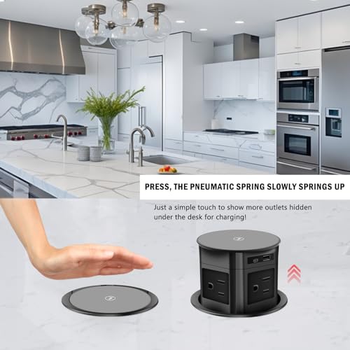 7-in-1 Pop Up Outlet with 15W Wireless Charger,3.86 inch Hole; 4 Outlets 1875W Overload Protection, USB-A,USB C Ports PD 20W,6.5FT 16AWG Cable UL Testing for Office Home -Black - color: Super charging-black