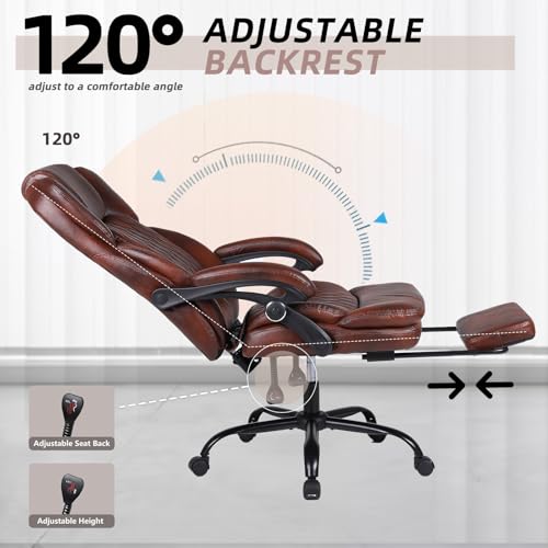 Executive Office Chair, Ergonomic Big and Tall PU Leather Desk Chair with Retractable Footrest, High Back Comfy Heavy Duty Computer Chair Adjustable Height
