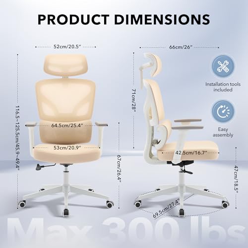 Ergonomic Office Chair Mesh – Adjustable Lumbar 3D Armrests High-Back Desk - color: Beige-p1
