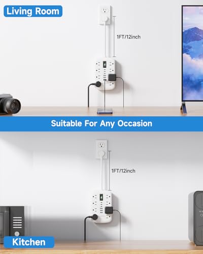 Short Extension Cord 1 FT with 6 USB(3 USB C) 8 Outlets, Flat Power Strip - size: 1 FT-White-Three Prong