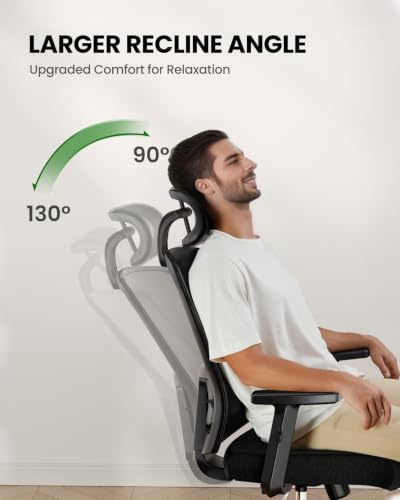 Marsail Ergonomic Office Chair with Lumbar Support and 2D Headrest | Adjustable armrests, contoured seat cushion, breathable design, smooth-rolling wheels, reclining function, height adjustment - color: Black