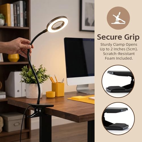 Clip on Book Light, LED Desk Lamp with Clamp, Flexible Gooseneck | Aluminum 15" Gooseneck Reading Light, 48 LED,3 Modes &10 Brightness, 59" USB Powered, for Headboard, Dorm, Craft, Office