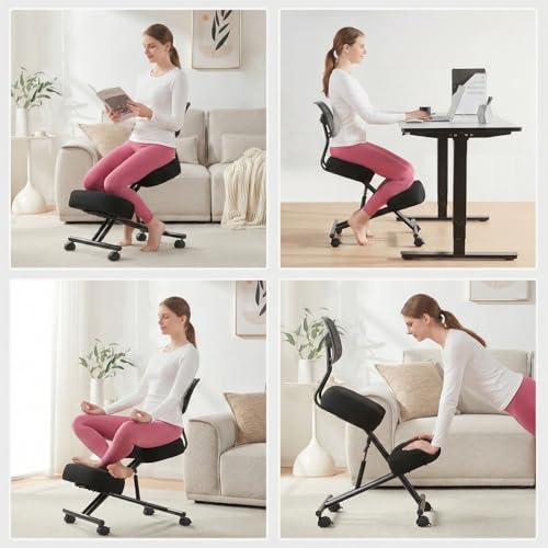 Kneeling Chair with Backrest Adjustable Linen Ergonomic Home Office Chair | Improve Posture Chair with Brake Rolling Wheels Thick Cushion Work Stool Back Pain Relief - color: Black-linen