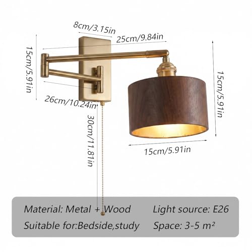 Modern Adjustable Swing Arm Wall Sconce Brass Finish Solid Wood Round Shade E26 Pull Chain Hardwired Fixture for Bedroom Bedside Reading Living Room Hallway Entryway Task Lighting(Walnut) - color: Walnut