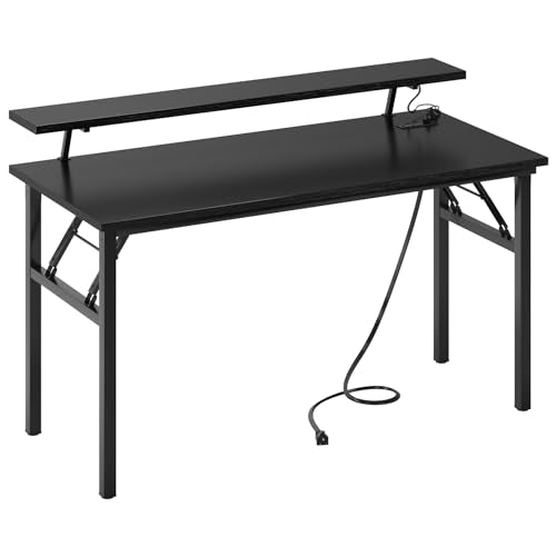 DlandHome 47" Computer Desk with Power Outlets & LED Lights, Black, Bedroom - color: Black + Black, size: 47 Inches + Outlets