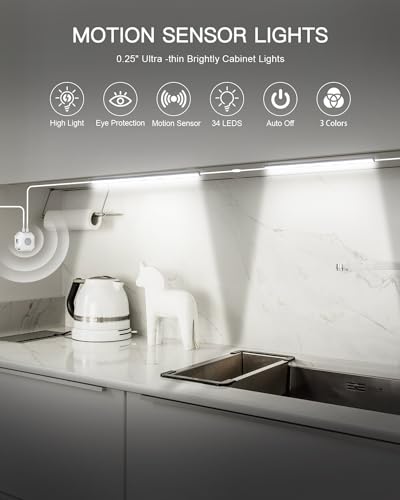 Daymeet Motion Sensor Dimmable 12 Inch Ultra Thin Under Cabinet Lighting, Under Cabinet Lights Plug in, Super Bright LED Lights Bar Under Counter Lights Indoor for Kitchen, Shelf, Closet (3 Pack)