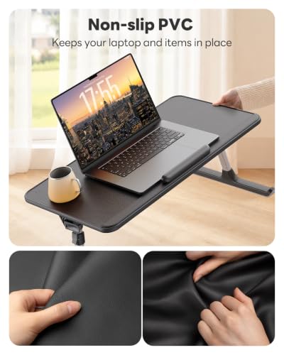 SAIJI PU Leather Laptop Bed Tray Table, Adjustable Laptop Stand with Removable Stopper, Portable Lap Desks with Foldable Legs, Notebook Stand Breakfast Reading Desk for Sofa Couch(Large, Black) - color: Black, size: Large
