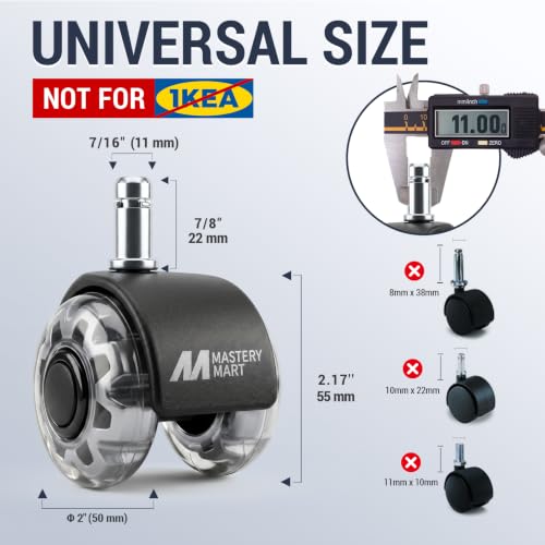 Mastery Mart Office Chair Caster Wheels for Hardwood Floors, Heavy Duty and Quiet Smooth Rollerblade Wheels for Office Chair, Universal Size (11x22mm), Suitable for Most Chairs - style: 2 inch-Grey